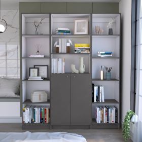 June 3 Piece Home Bookcase set, 60" Wide with 13 Shelves and 2-door Cabinet , Living Room Set Matt Gray / White