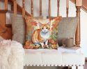 Japanese Bobtail Cat in Fall Leaves Throw Pillow Machine Washable, Indoor Outdoor Decorative Pillow for Couch, Bed or Patio, 14Hx14W